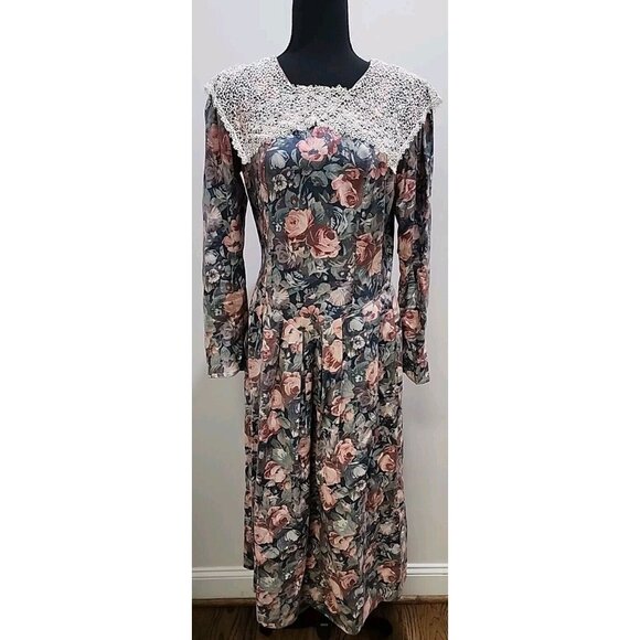 Laura Ashley Dresses & Skirts - VTG LAURA ASHLEY UK-MADE FLORAL Wool DRESS LACE COLLAR Cottage Core Size 12
